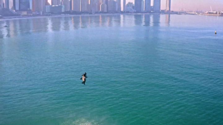 Jetman in volo davanti ai grattacieli di Dubai
